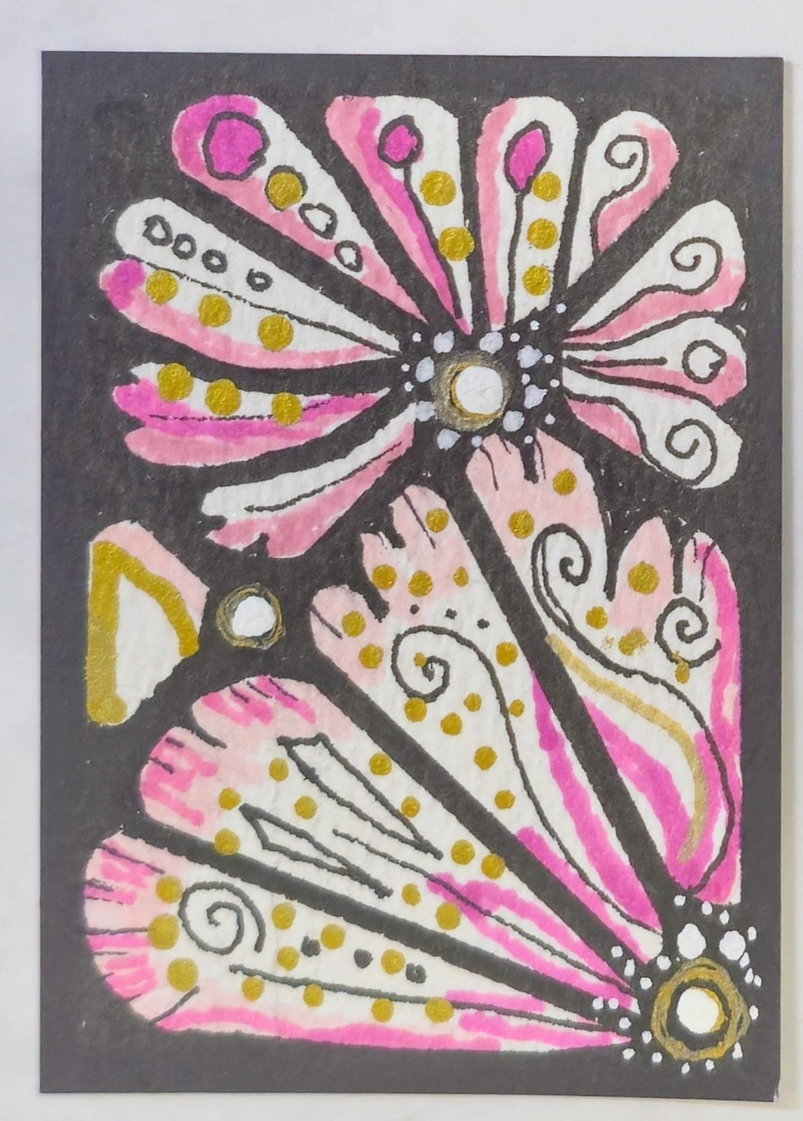 ACEO ATC miniature art, Butterfly Wings, flower, Pink, Gold by Kelly Herbold