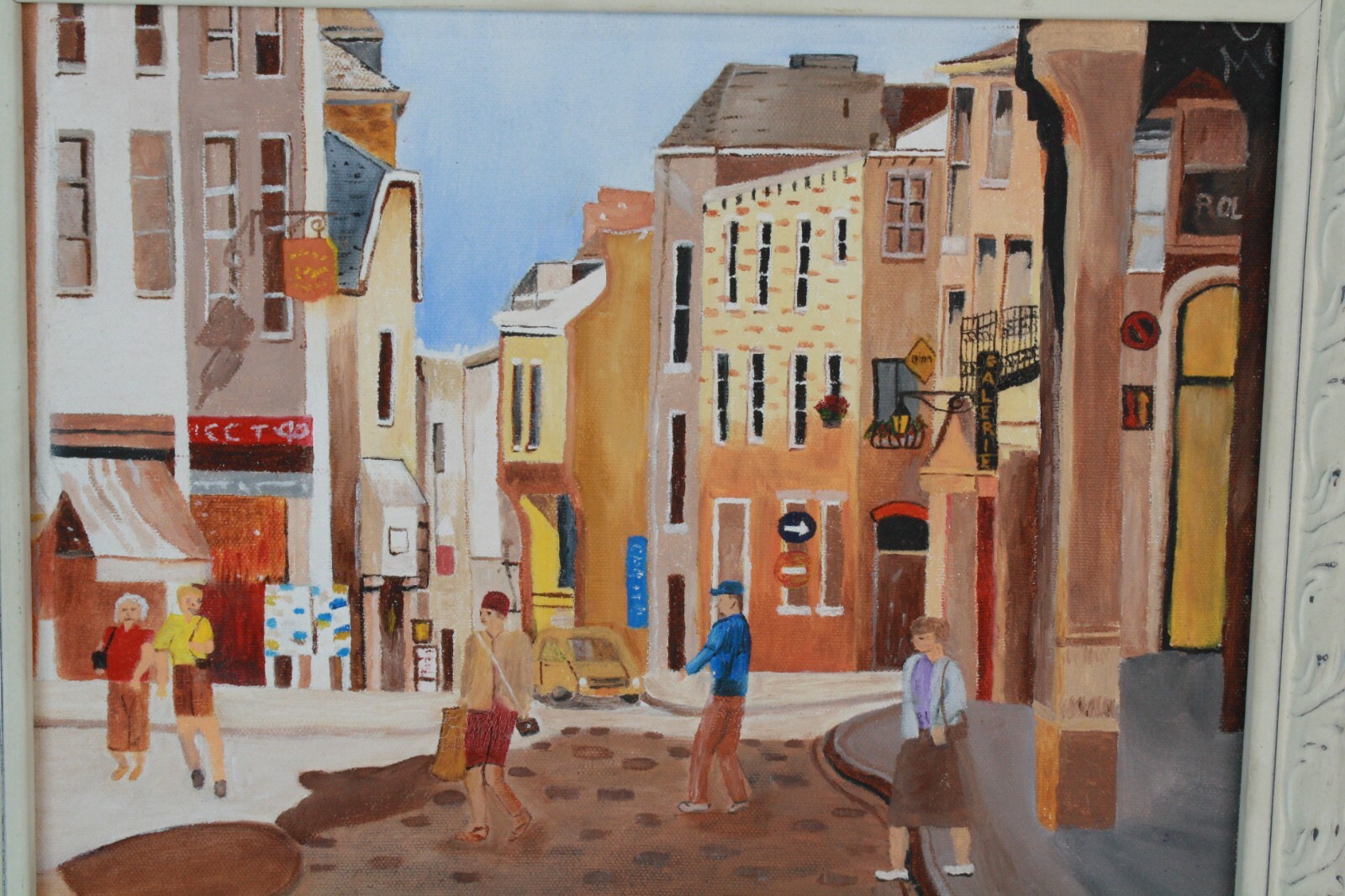 Vintage Cityscape Downtown Cobblestone Street Scene Oil Painting Unsigned Framed