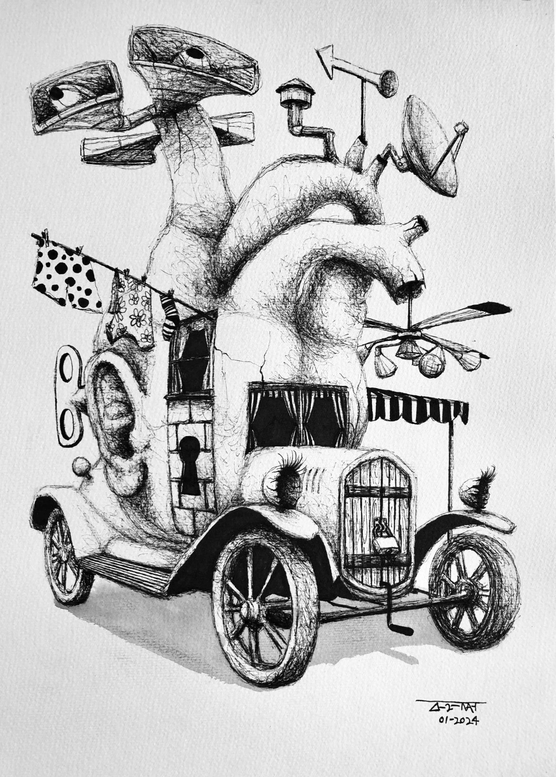 ALAIN DONATE CUBAN ART SKETCH DRAWING INK ON CARDBOARD Painting ORIGINAL 12″X16″