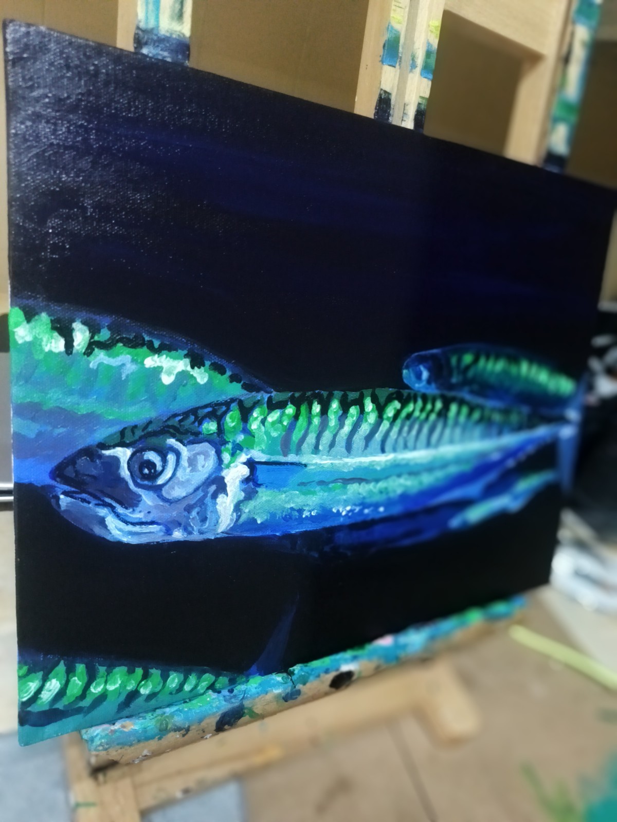Atlantic Mackerel, original painting 11×14 Hard Board Panel Canvas.