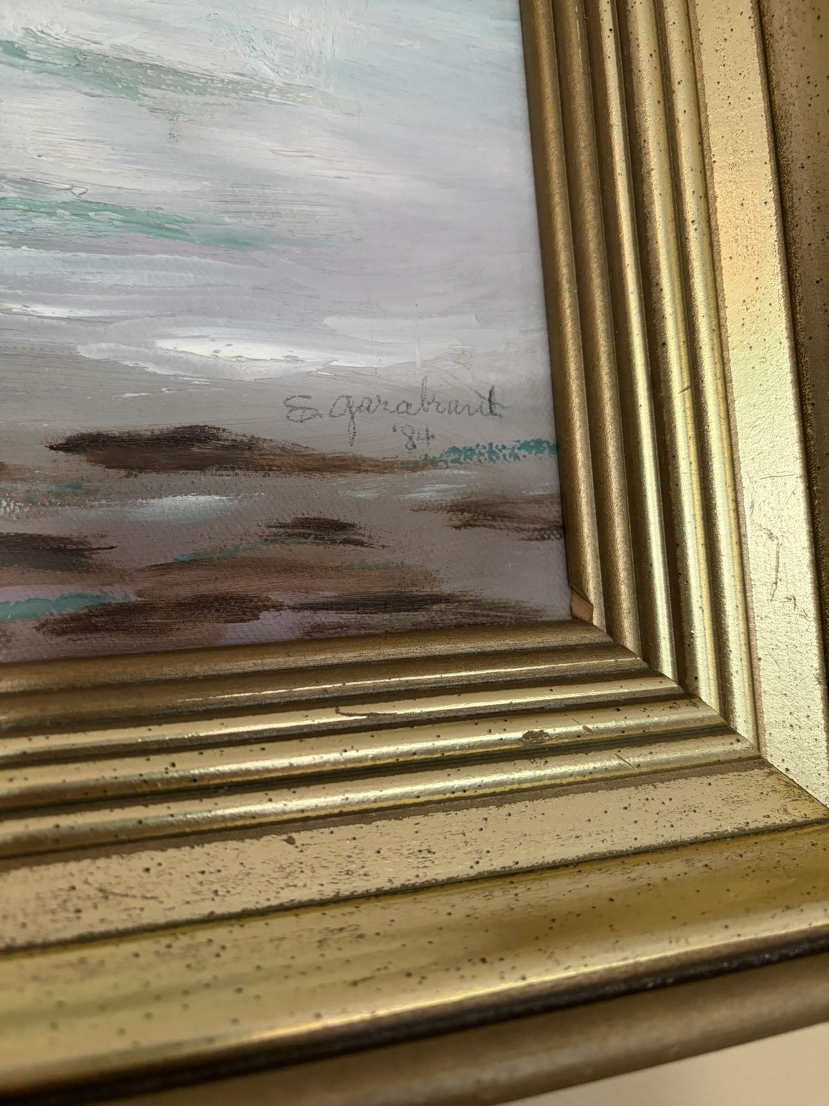 Landscape Oil Painting of Person Fishing In A Stream Near A Covered Bridge -1984