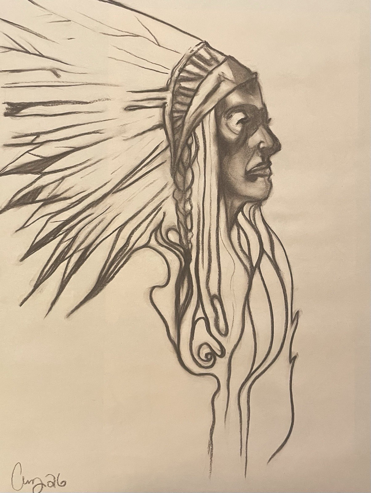 Original Fine Art Charcoal Native American Indian Paper 24 X 18 Large