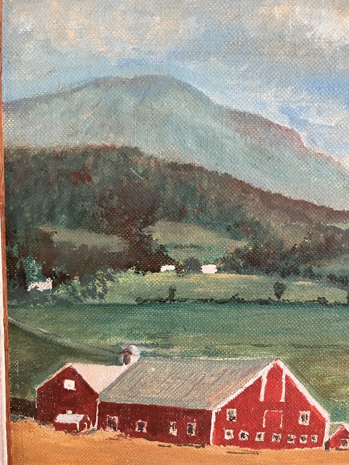 Vintage 50s Framed Primitive Folk Art Farm Barn Landscape Oil Painting 10×13