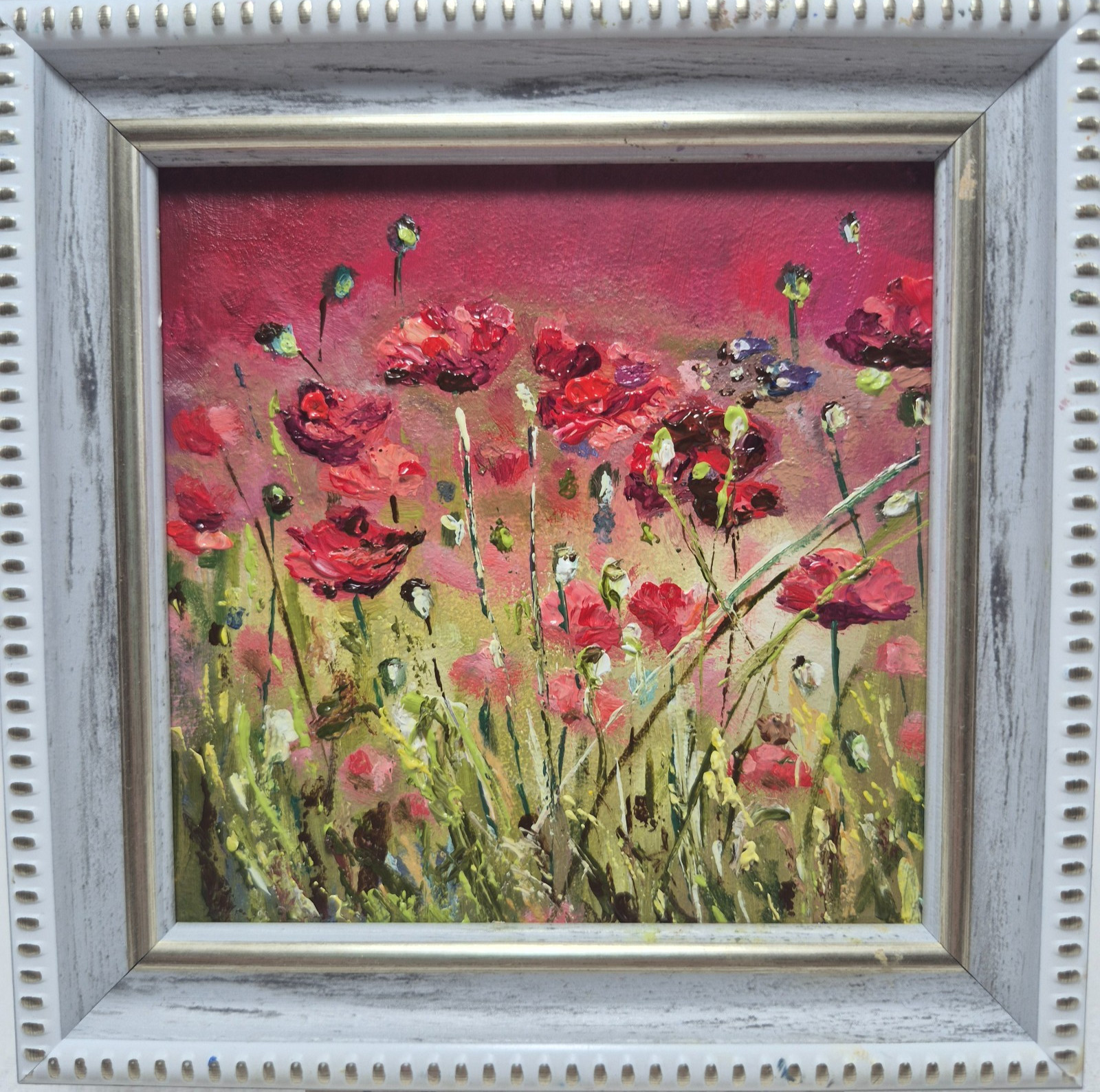 An original, signed oil painting, framed. “Poppy Field” 4×4