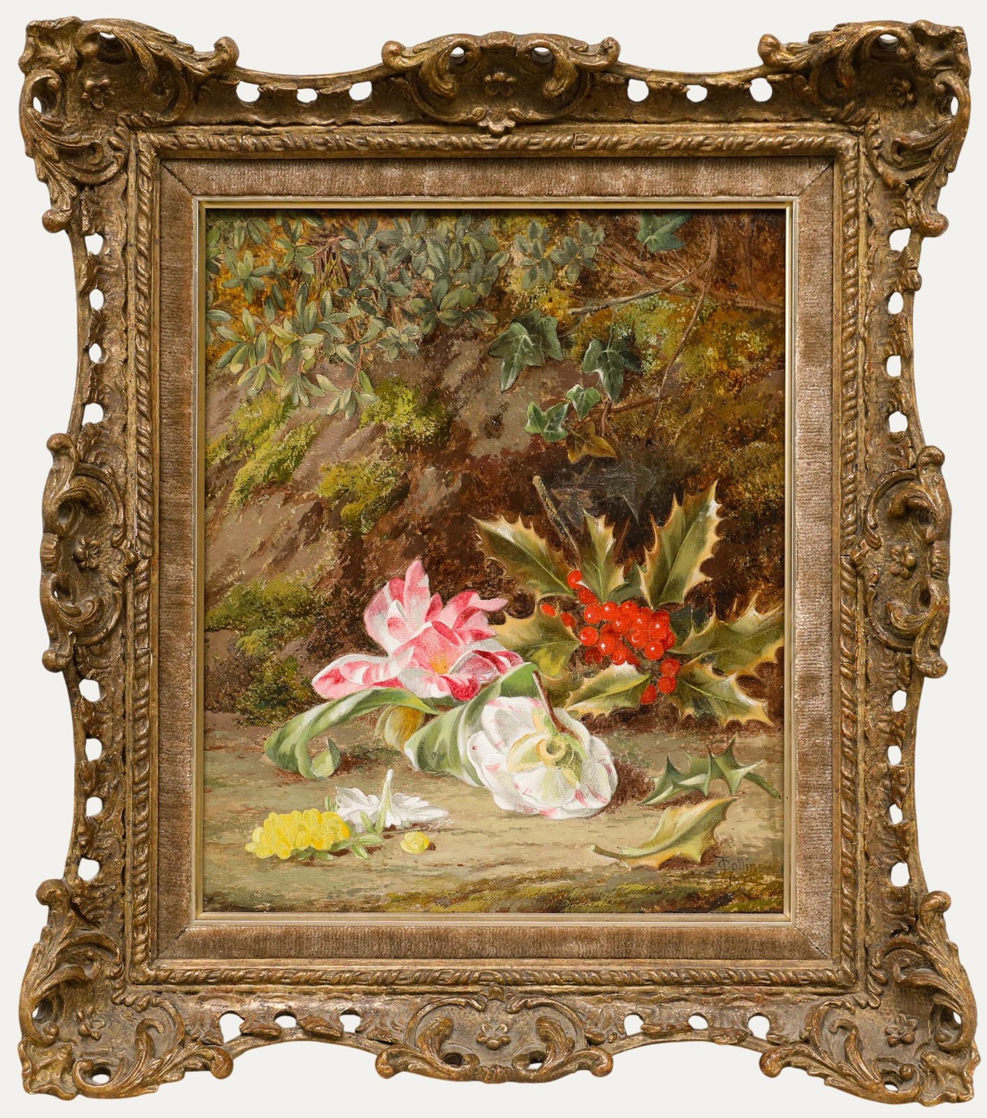 Thomas Collins (1835-1893) – Framed 1874 Oil, Still Life with Holly and Flowers