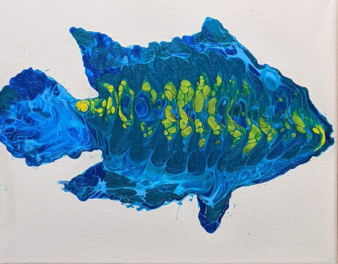 Original Acrylic Fluid Pour Art of Fish, 8×10 Stretched Canvas,Title Blue Damsel
