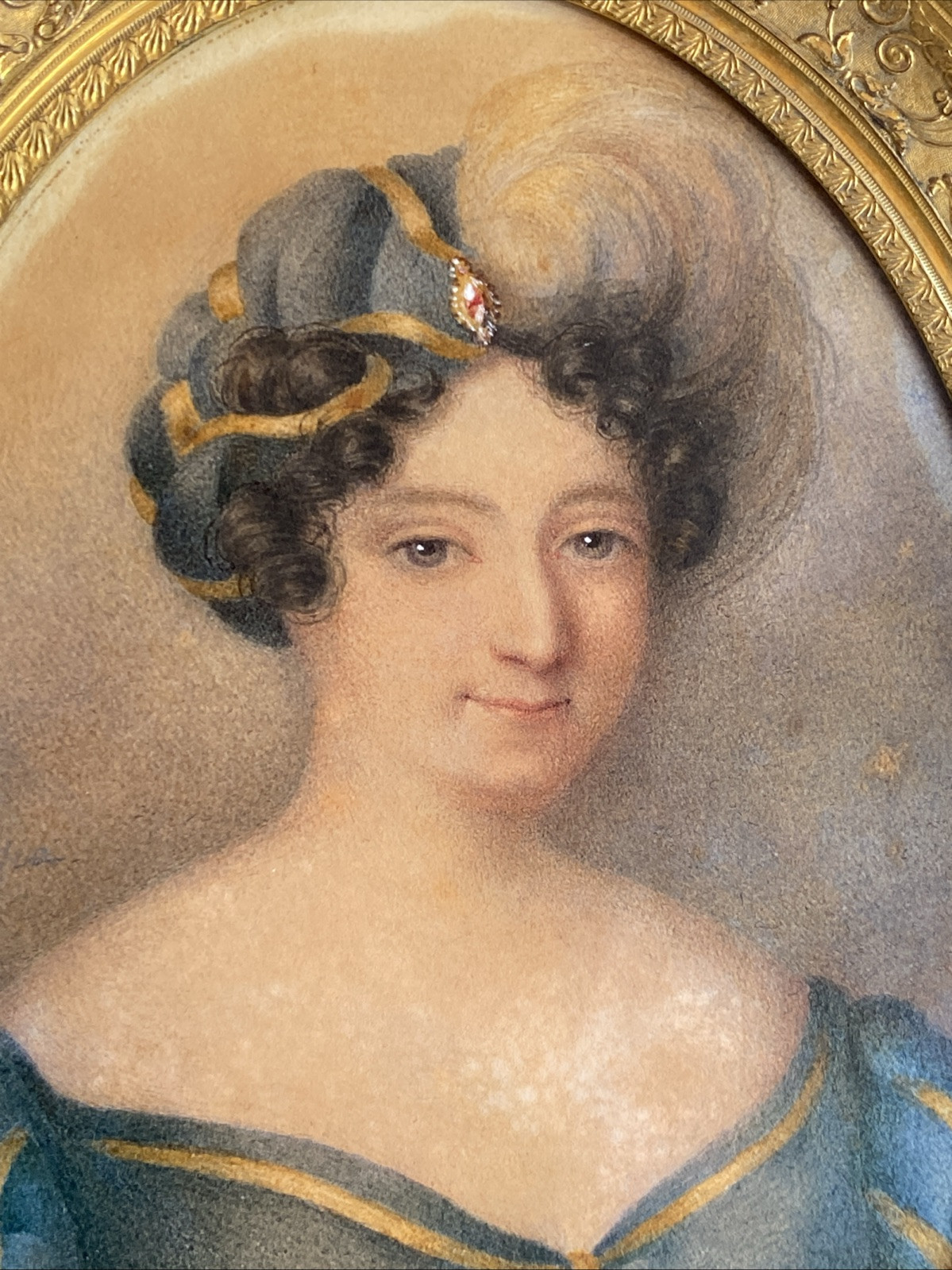 Russian Signed 19th Century Framed Oval Watercolor Portrait of a Woman, 1822