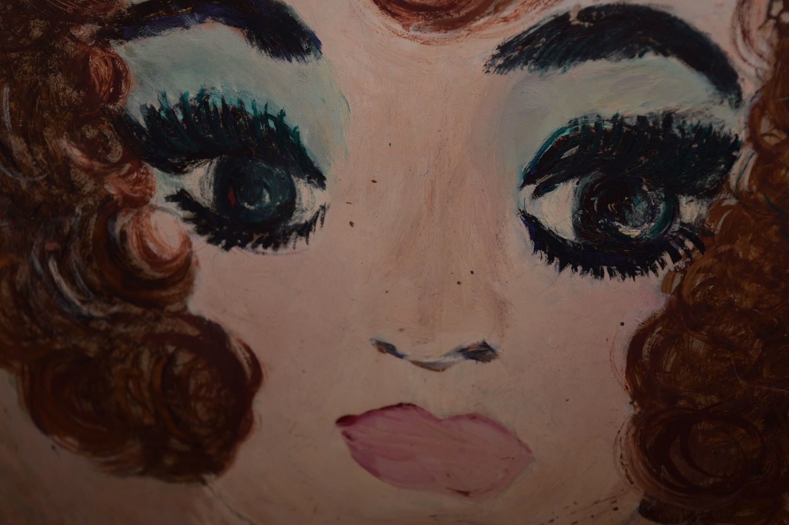 Vintage Painting Curly Short Hair Big Eyes 60’s 70’s Looking Lady Gal 16 x 8