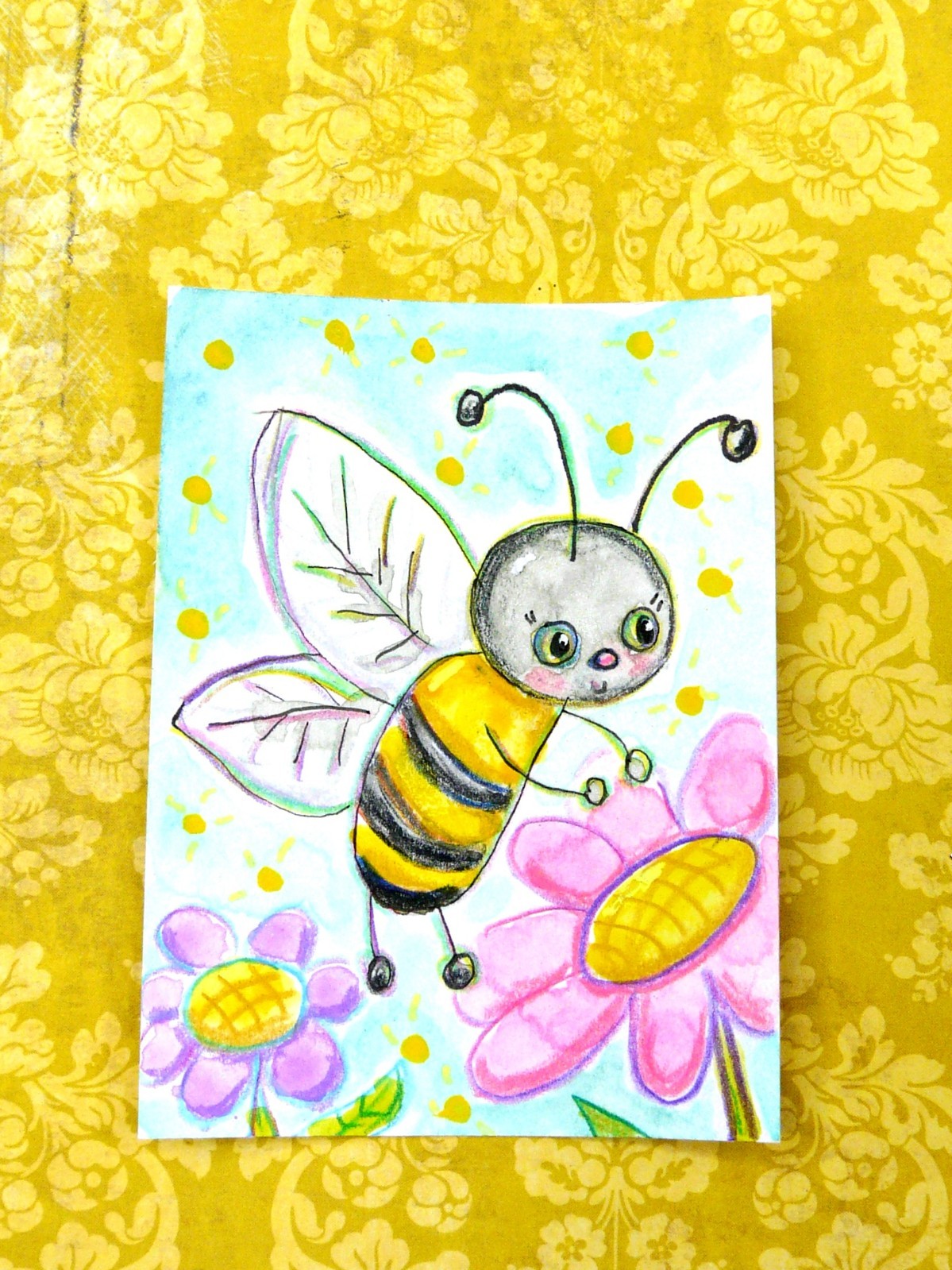 ACEO * Art Original Watercolor Summer Bee on lil Flower
