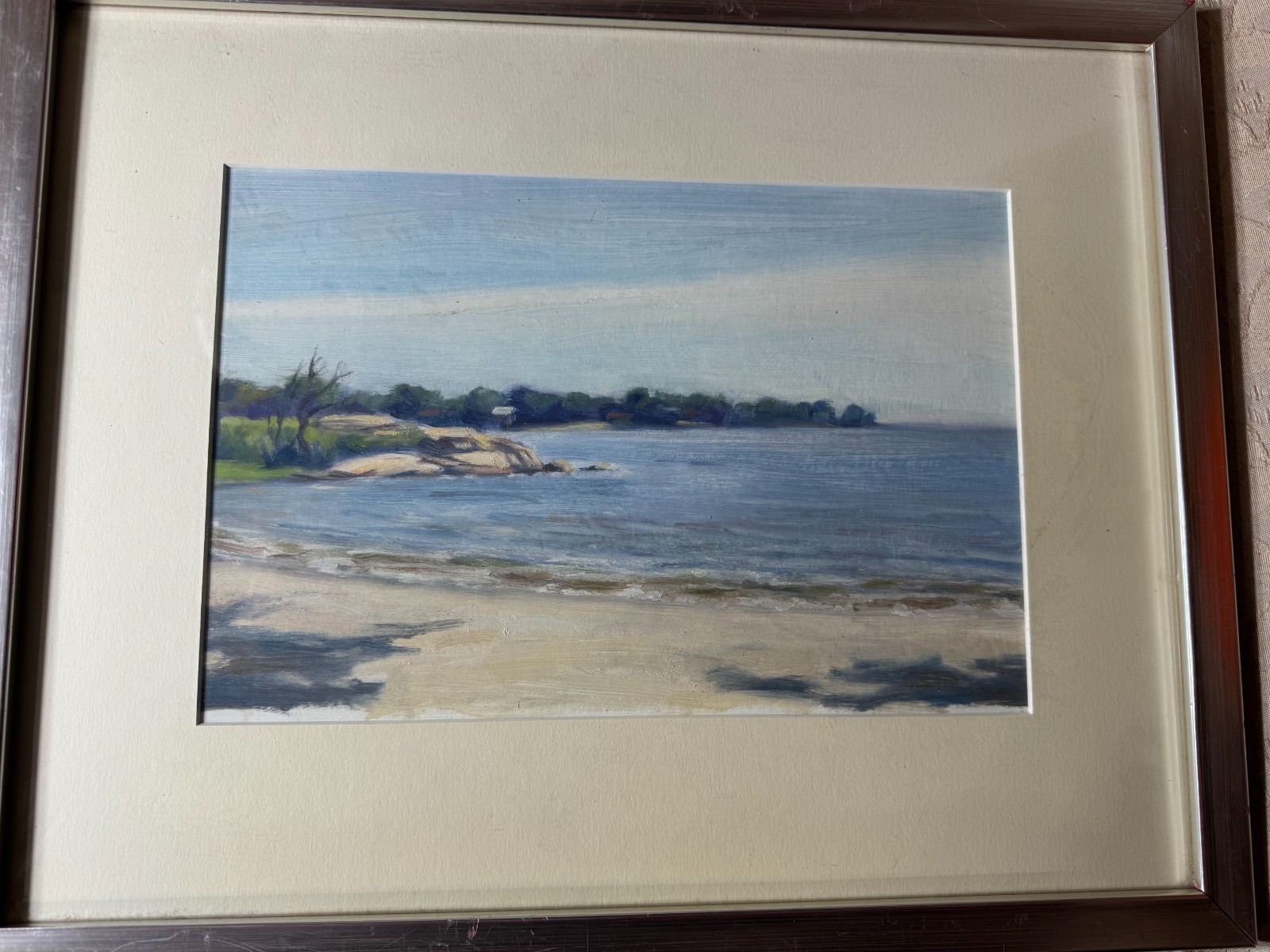 Vintage «Coastal Seascape Landscape» Mixed Media Painting on Paper Framed Art