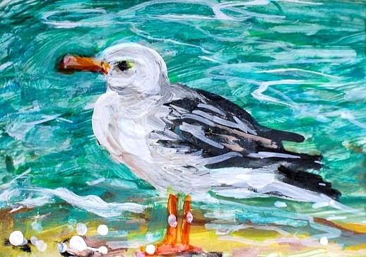 ORIGINAL ACEO Painting SEAGULL Beach Waves OCEAN BIRD Summer Shore Sea ATC ART