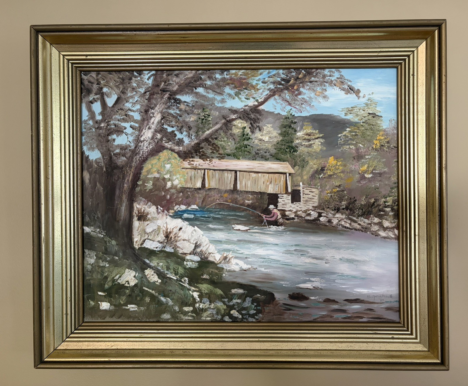 Landscape Oil Painting of Person Fishing In A Stream Near A Covered Bridge -1984