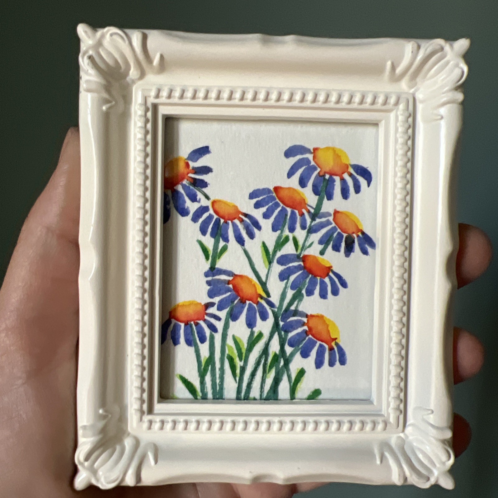 Blue Daisies Flowers,original Watercolor,miniature Painting,small,mini,framed