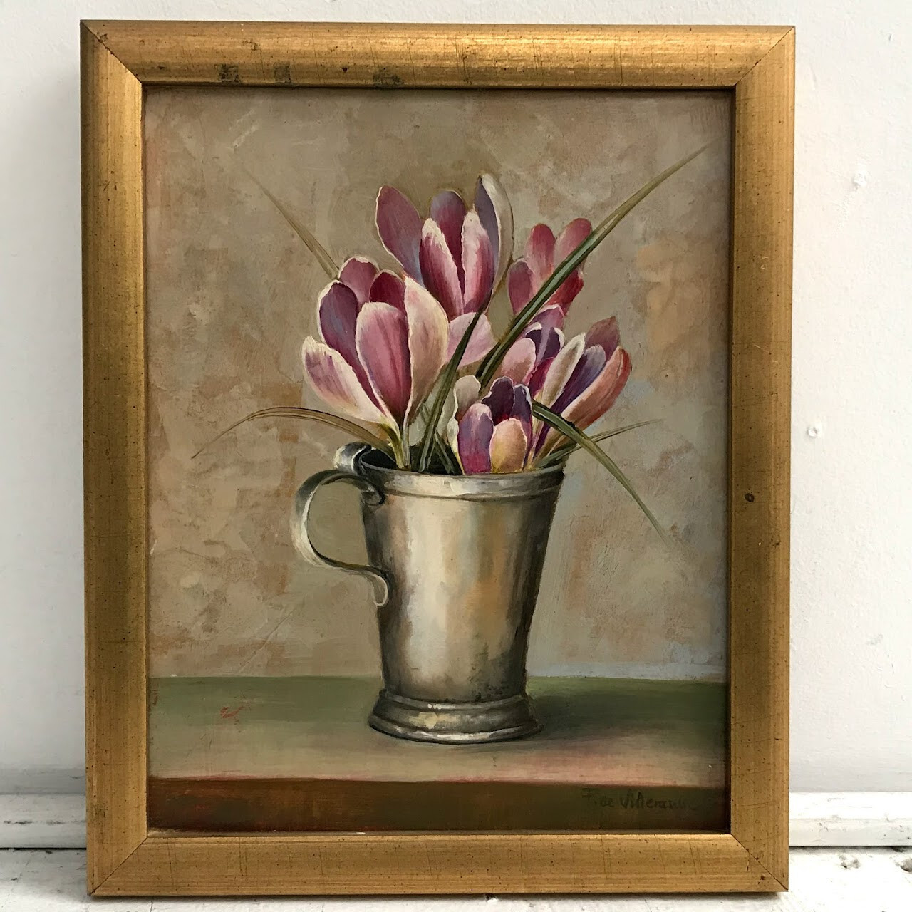Authentic Fabrice de Villeneuve Signed framed Painting Canvas Flower Pitcher