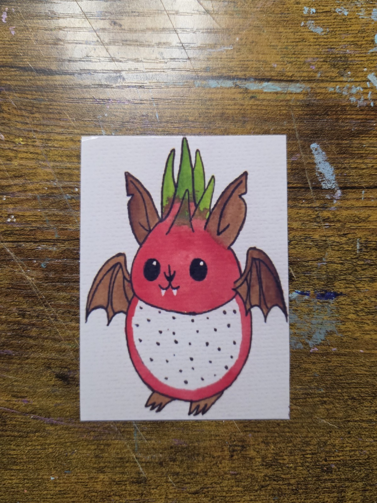 ACEO Art Print* Mini Watercolor «Dragon fruit Bat» By El_duderino_art