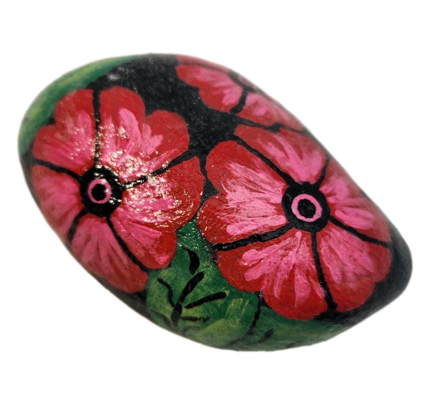 Handpainted River Rock Art Impatiens Flowers 4″ x 2.25″ Natural Unique OOAK
