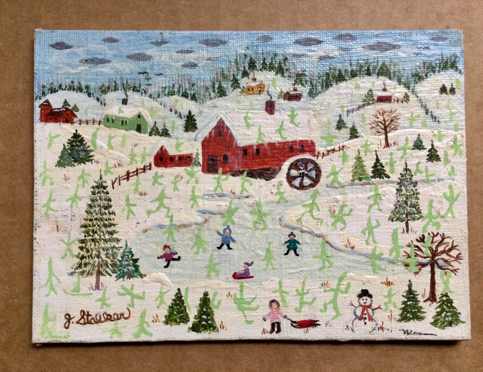 2 small primitive folk art paintings by Joanne Stalker & Dubrowski.