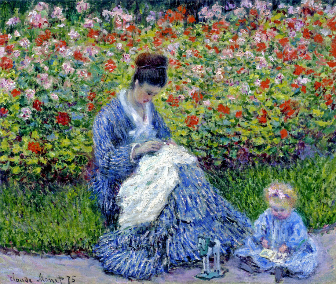 Camille Monet and a Child in the Artists Garden in Argenteuil Oil Painting Hand-