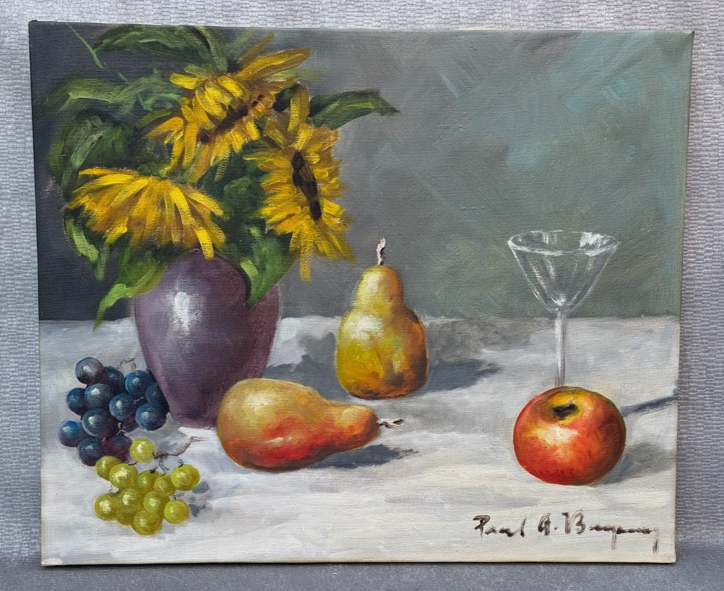 STILL LIFE OIL PAINTING PAUL A. ILLEGIBLE SUNFLOWERS FRUITS WINE GLASS 20TH C.