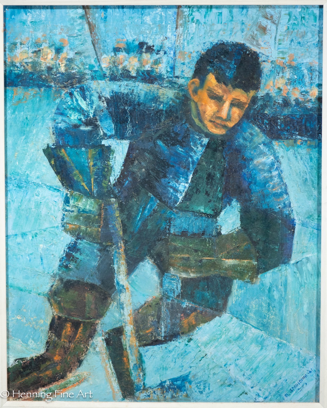 Stunning Mid Century Painting of Hockey Player in Blue by B Spaulding 1961, Fine
