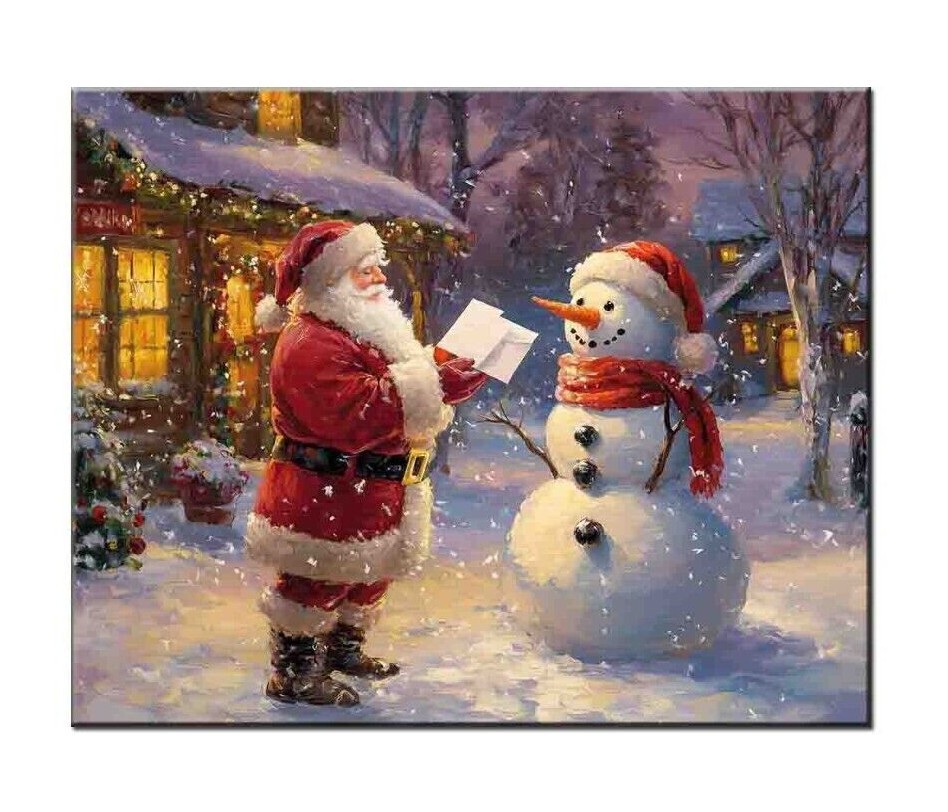 Santa Claus with Snowman Christmas Decor,Giclée Print,Vintage Holiday Wall Decor