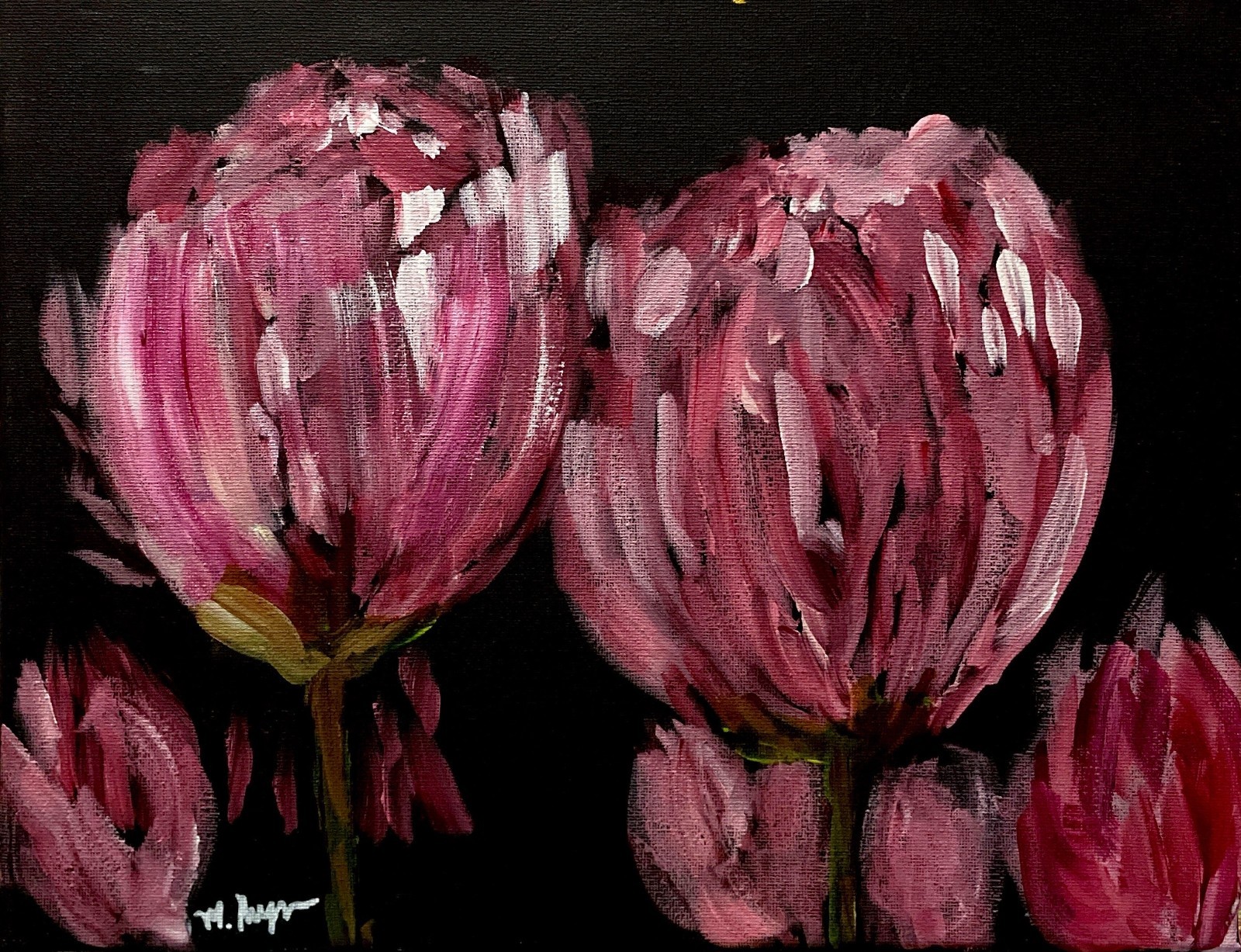 Mary Myers Original Pink Tulip Flowers 11×14 Acrylic Signed Expressionist