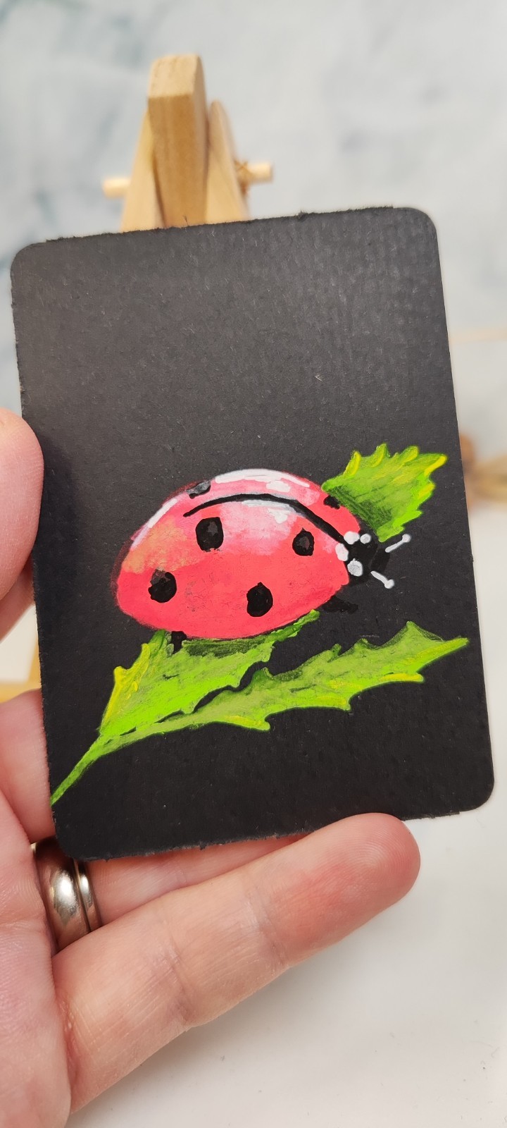 Aceo original painting miniart 2.5×3.5 «lady bug 4» Liina Tynkkynen Finland