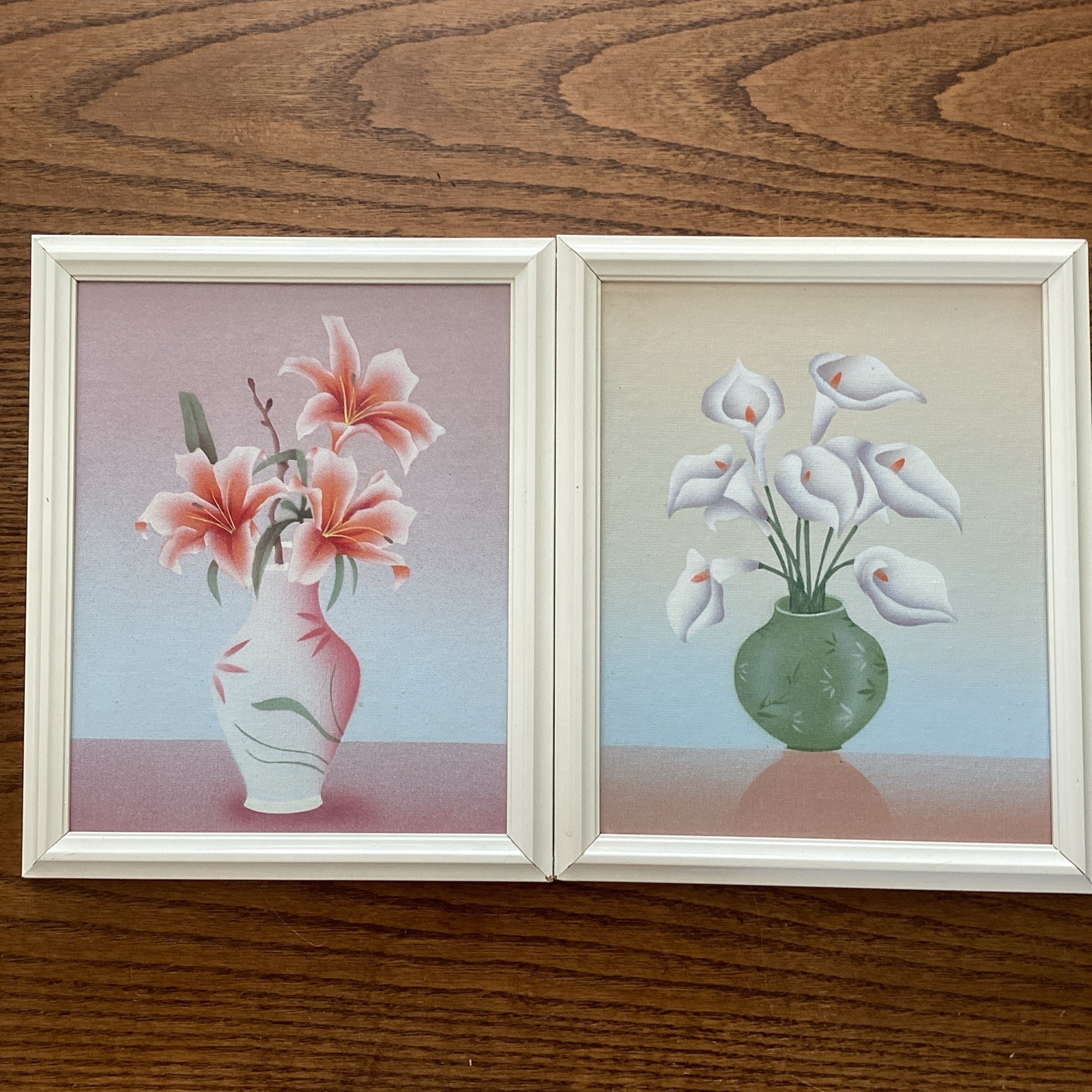 2 Vintage Framed Art Floral Still Life Painting Tiger & Peace Lily Set of 2