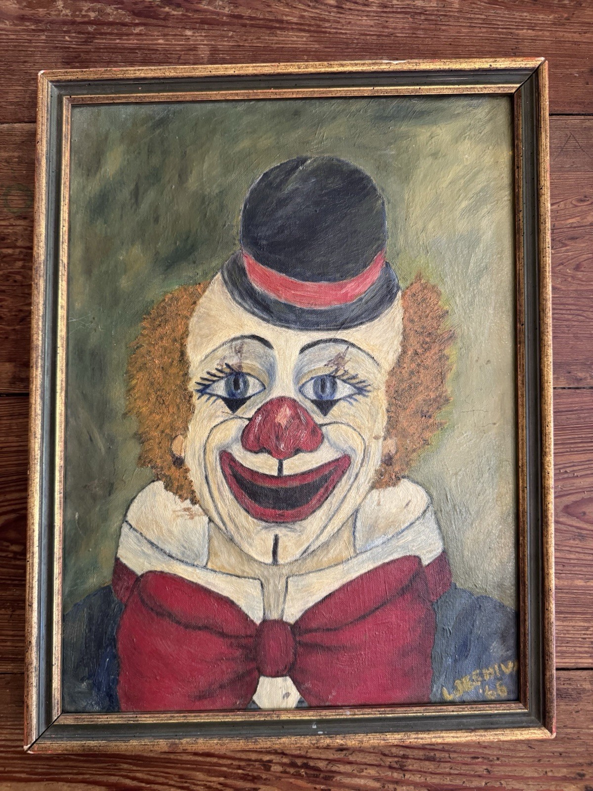 Vintage 1960’s Framed Oil on Canvas Painting – Creepy Clown – L. Jeshiva