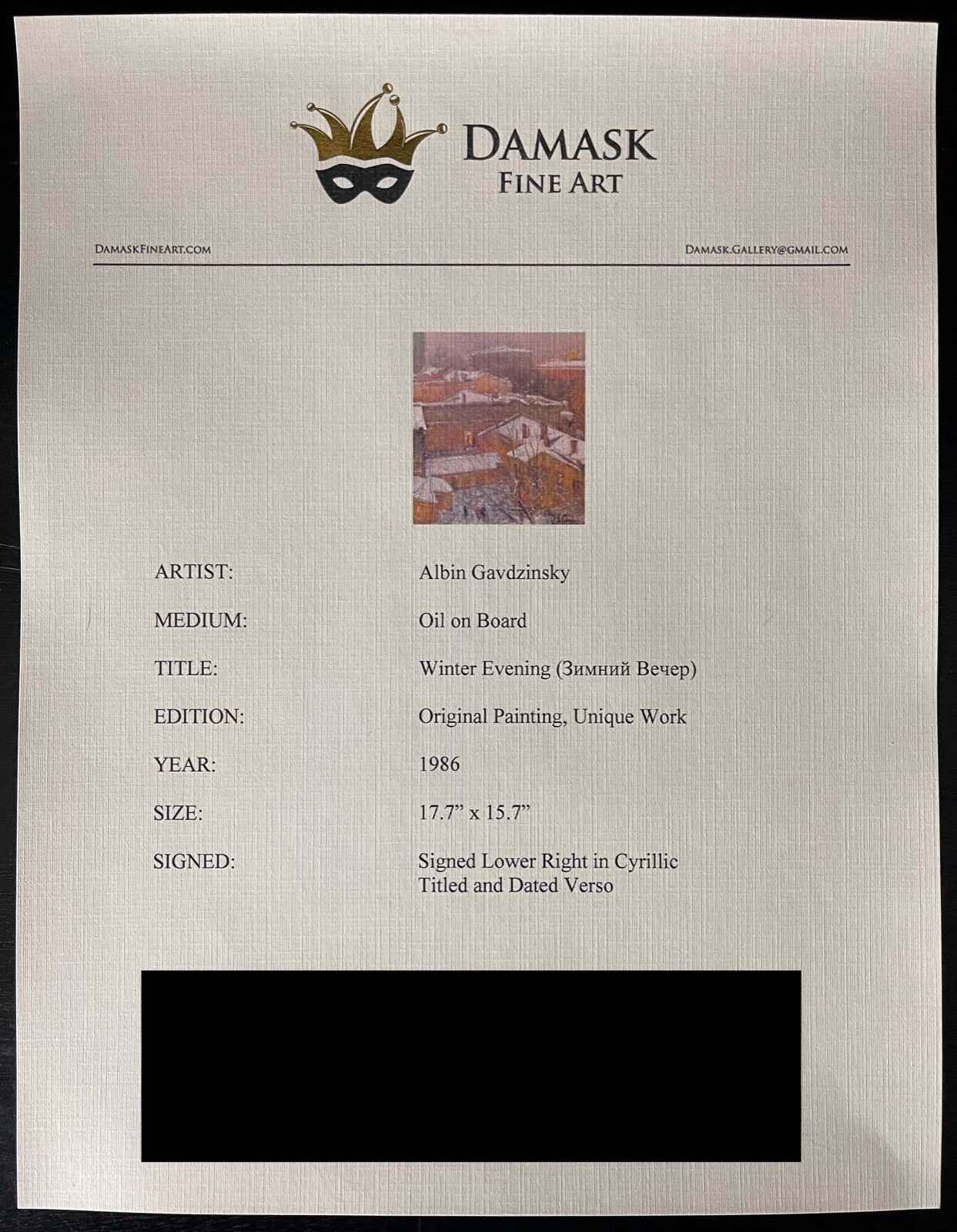 ALBIN GAVDZINSKY «Winter Evening» Original Painting, Oil on Board, Framed, COA