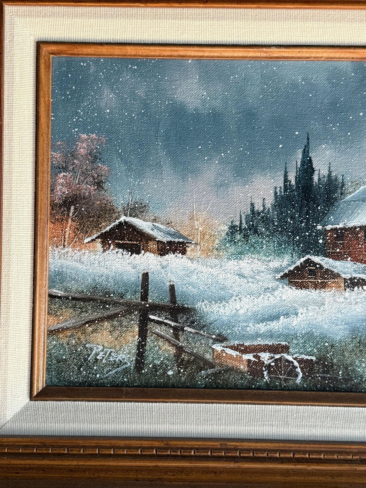 Vintage Original Signed Framed Winter Farm Landscape Oil Painting on Canvas