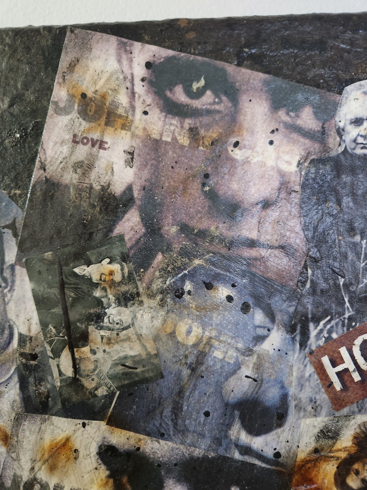 Large Johnny Cash Acrylic Canvas Collage Art. Heavily Textured & Burned! 16X20