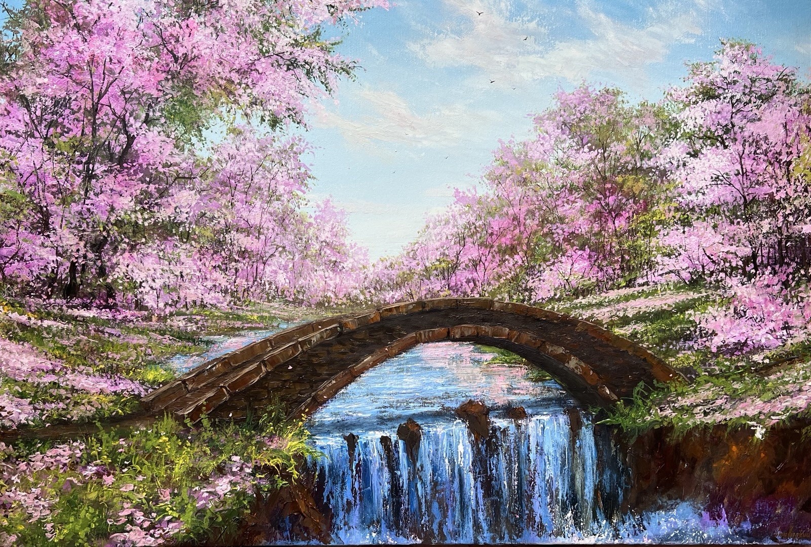 Large Bridge in Blossom Sakura park, Cherry tree blossoming with a waterfall ART