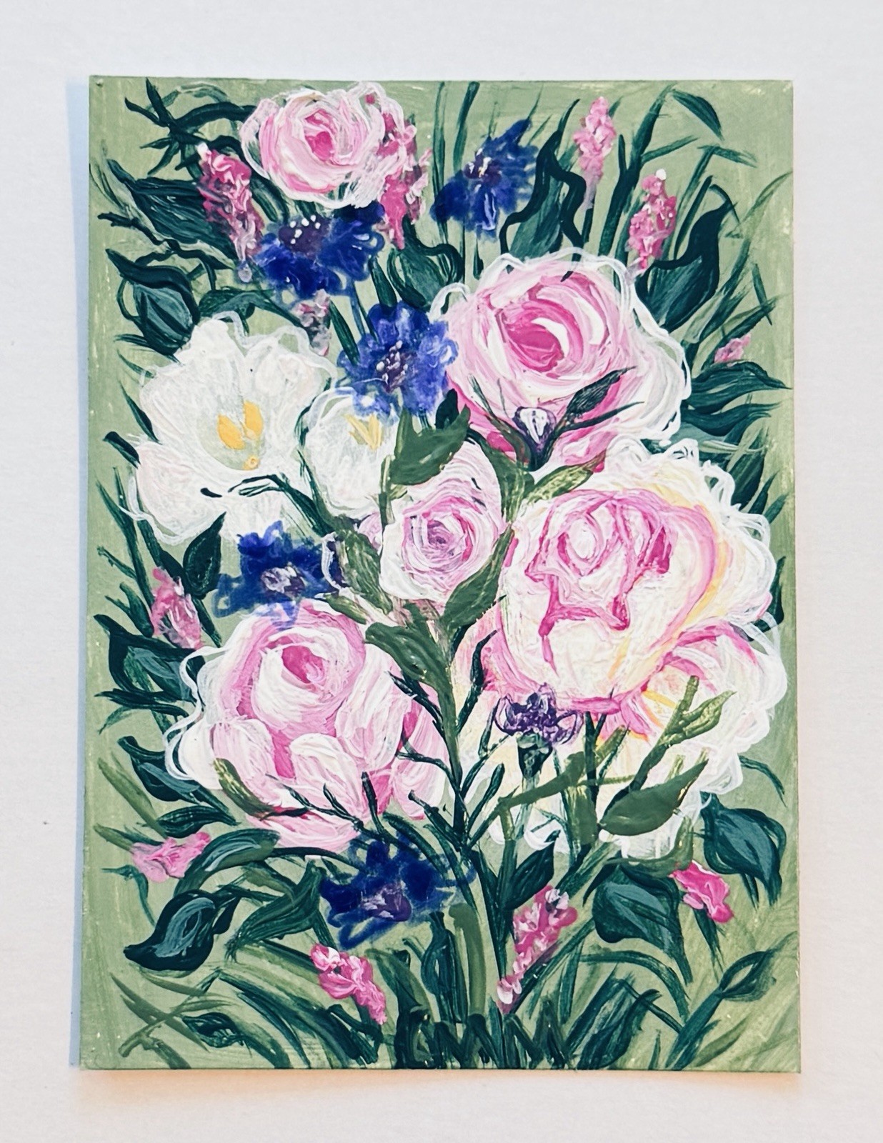 ACEO Original FloraL Pink Roses Cottage Garden Acrylic Mini Art By LM McGrath