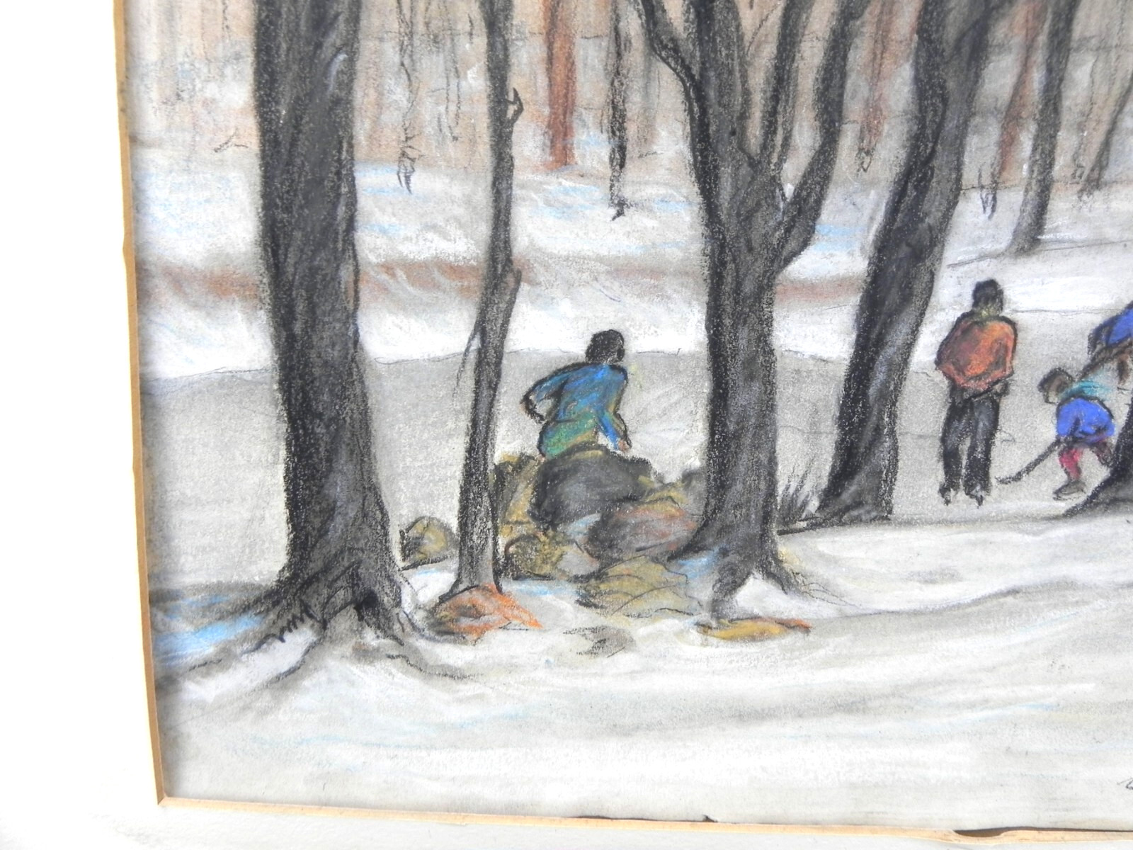 Pastel painting 1965 hockey players on the ice in a park setting signed Garelik