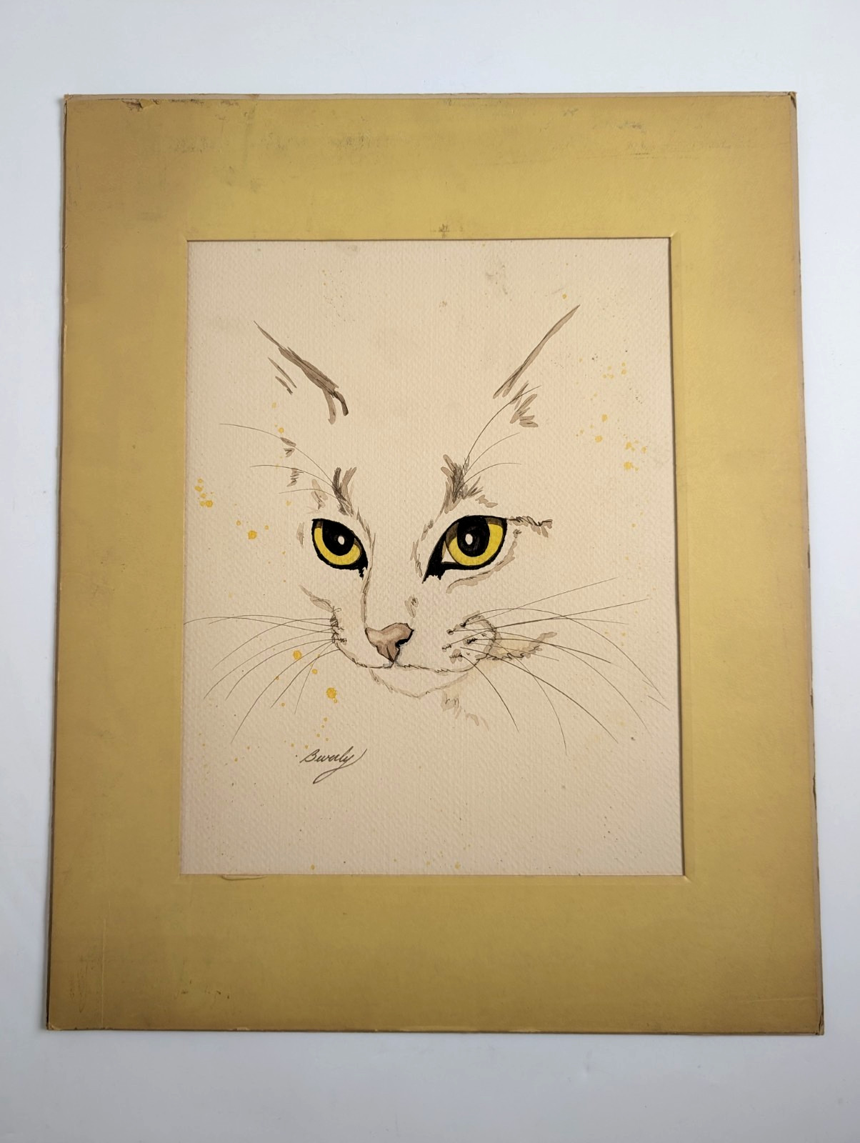 Vintage Original Cat Watercolor Painting Yellow Eyes Signed Beverly Art 10×13