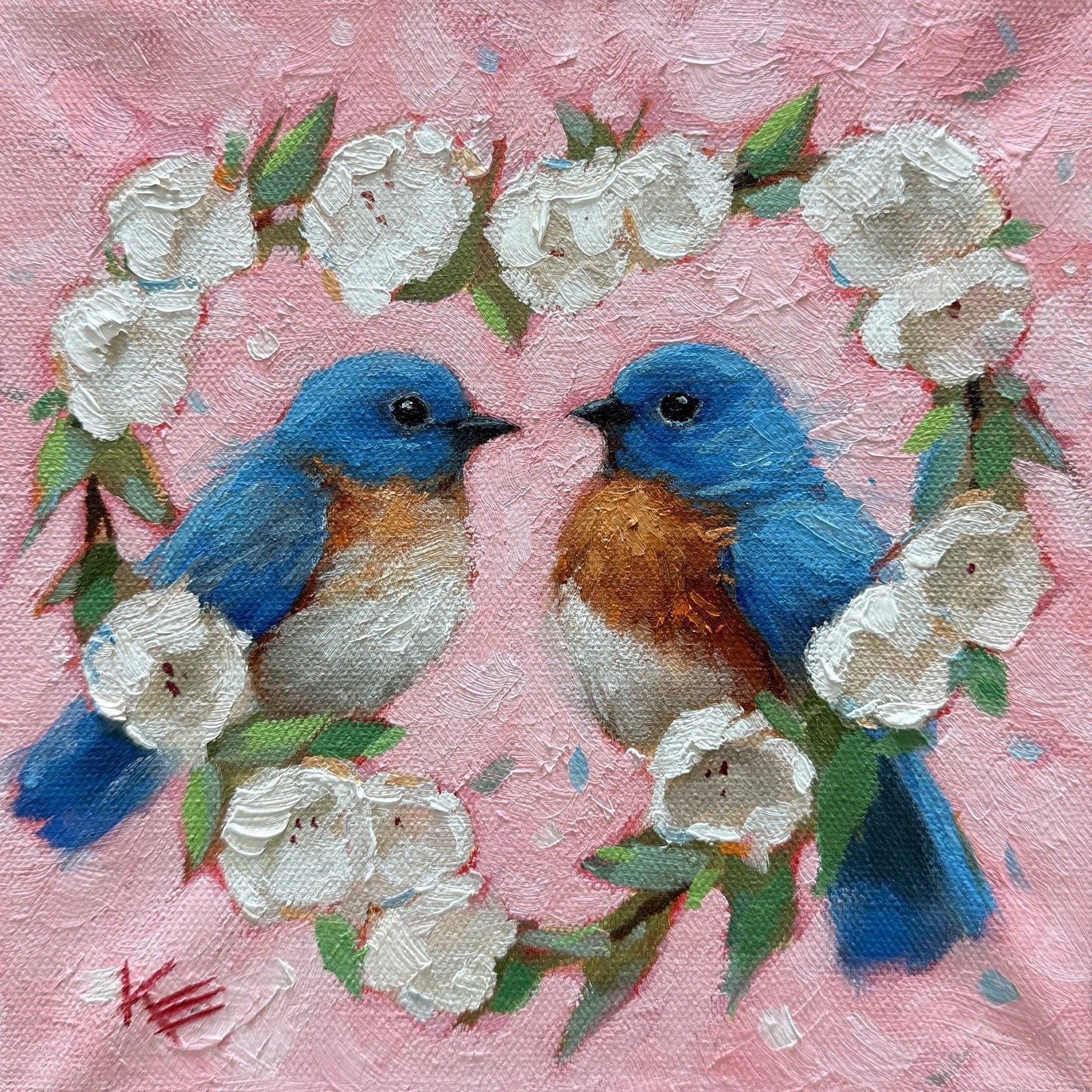 Blue Birds bird Original Painting On Panel 8 X 8 In Valentines Krista Eaton