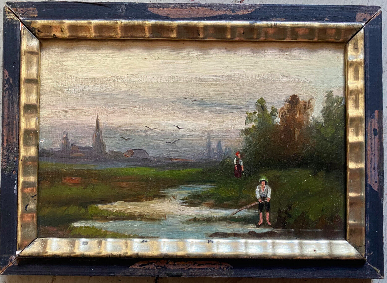 Oil Painting Romantics Fishermen Riverside Abendfrieden Church Um 1880 Holland
