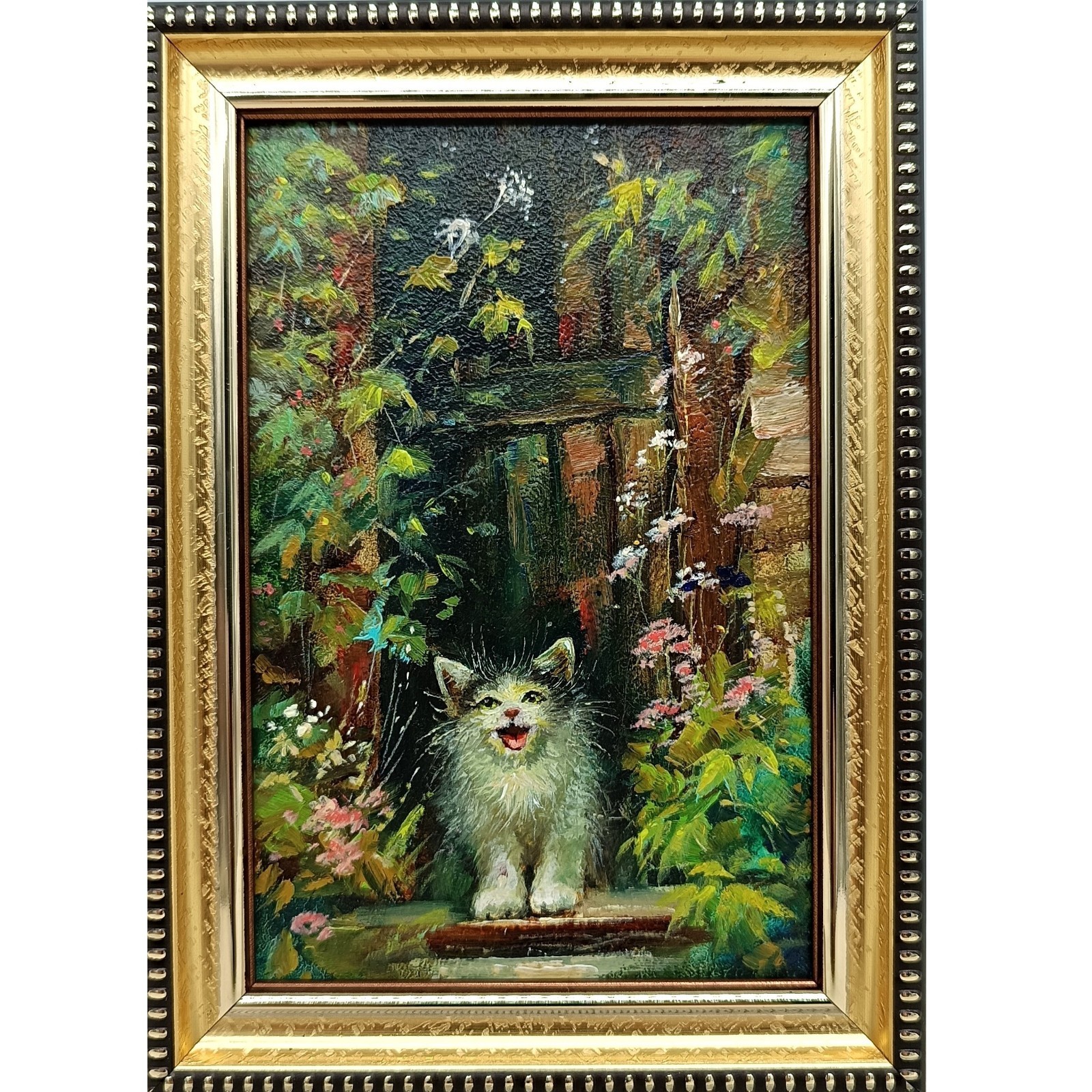 Cute Kitten Original Oil Painting 6×4 Gold Framed Signed Small Cat Art Pet Decor
