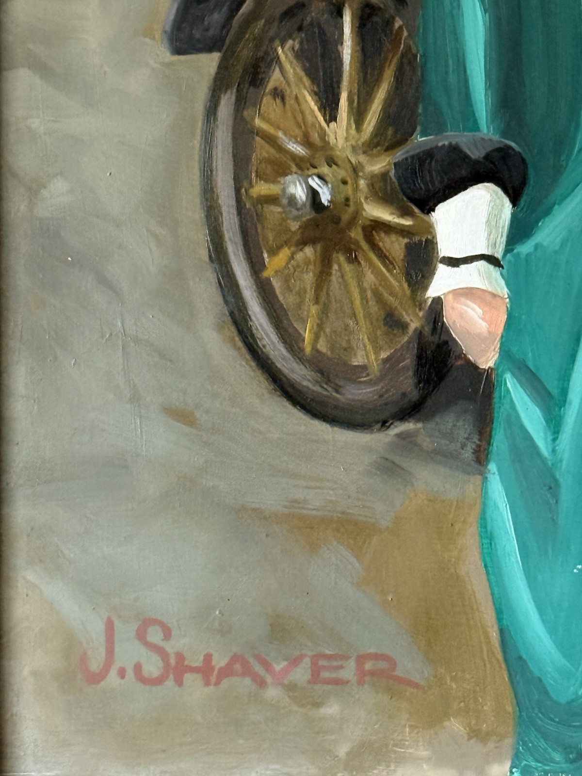 JAMES SHAVER ANTIQUE FIGURATIVE AUTOMOBILE LANDSCAPE OIL PAINTING VINTAGE CAR 40