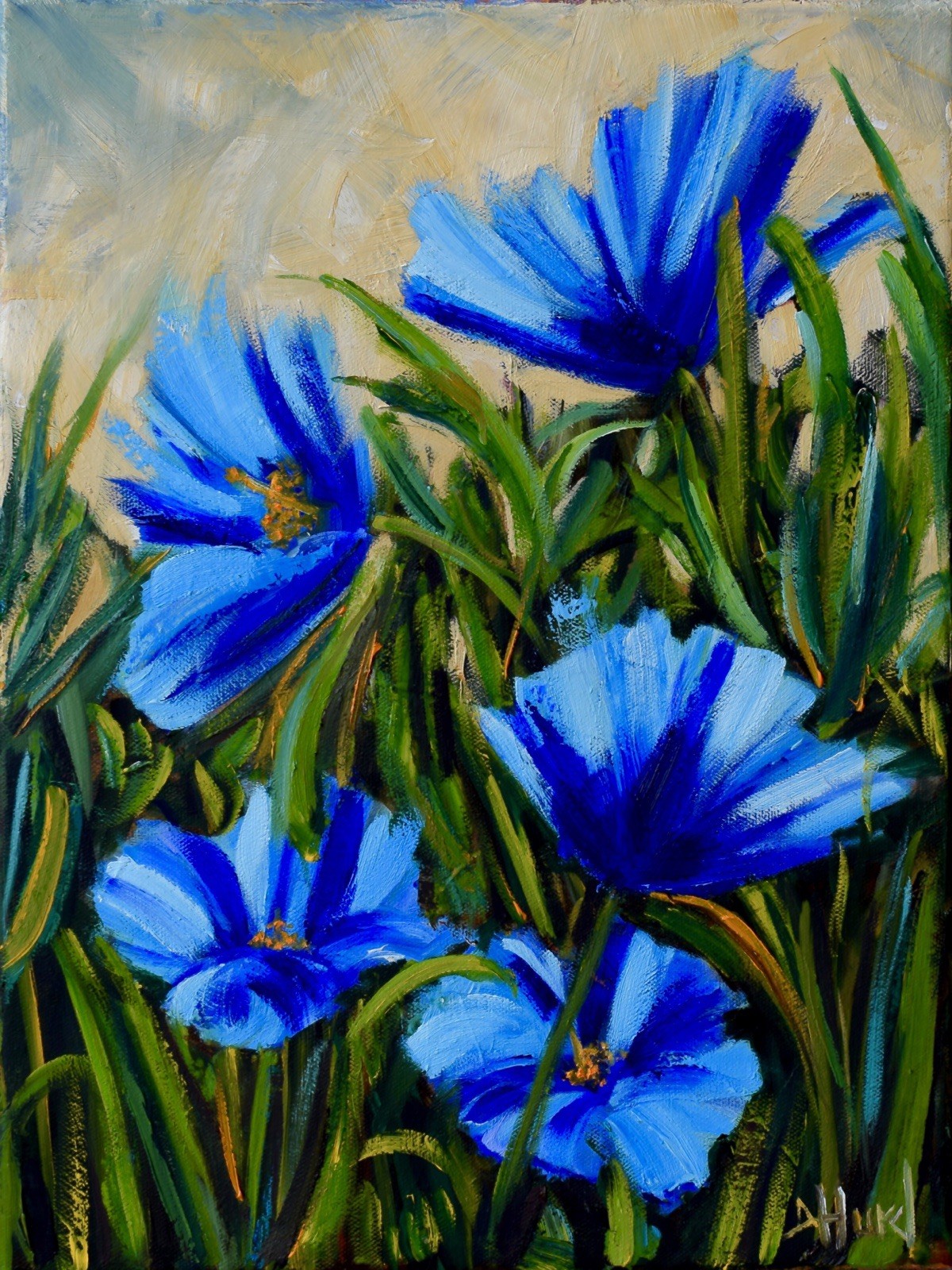 Original Oil Painting 12”x16” of Blue Poppies Floral Nature Art by Debra Hurd