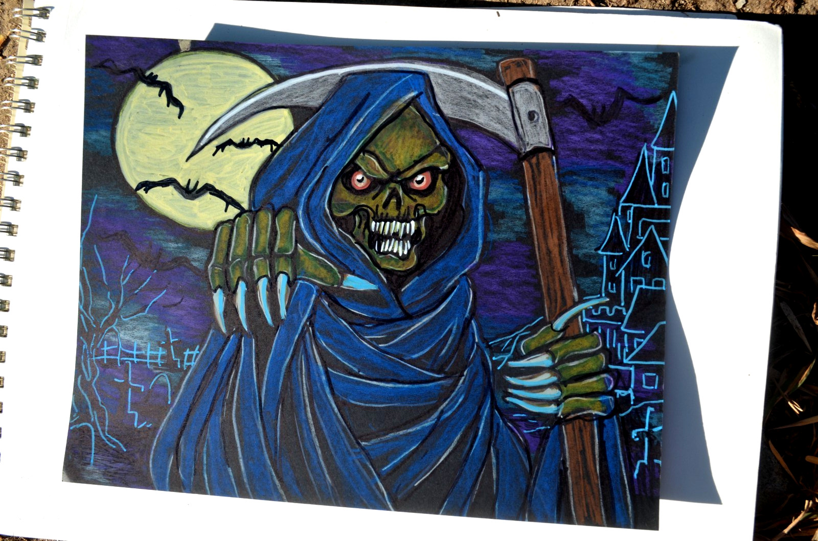 Fantasy Horror Original Art Mixed Media Grim Reaper Halloween Signed 8.5×11
