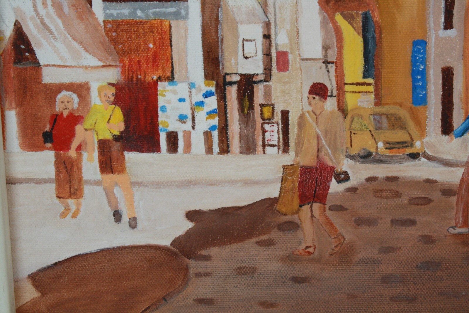 Vintage Cityscape Downtown Cobblestone Street Scene Oil Painting Unsigned Framed