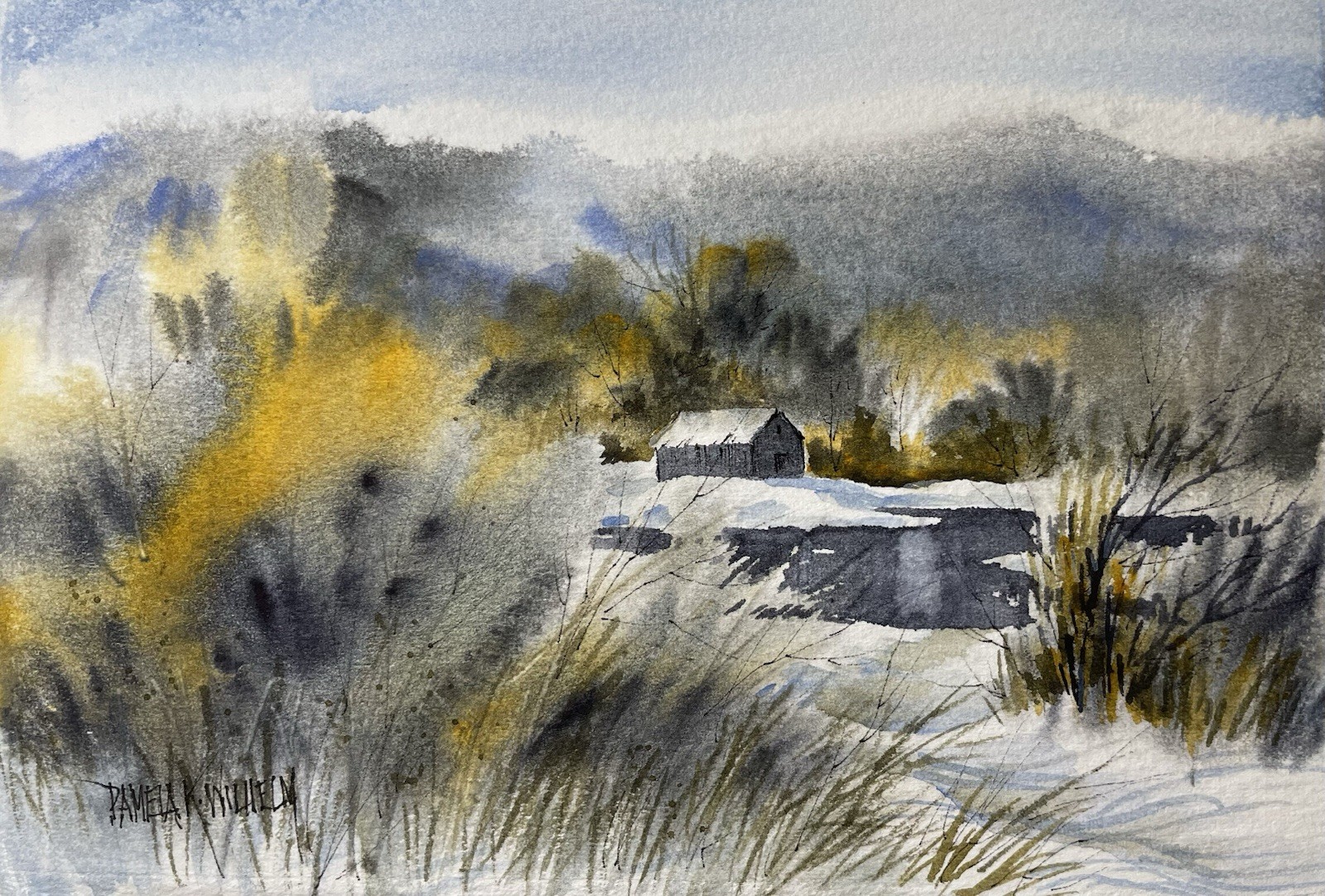 Pamela Wilhelm Original Watercolor 8.3”x5.8” Landscape Winter Grey Barn Pond