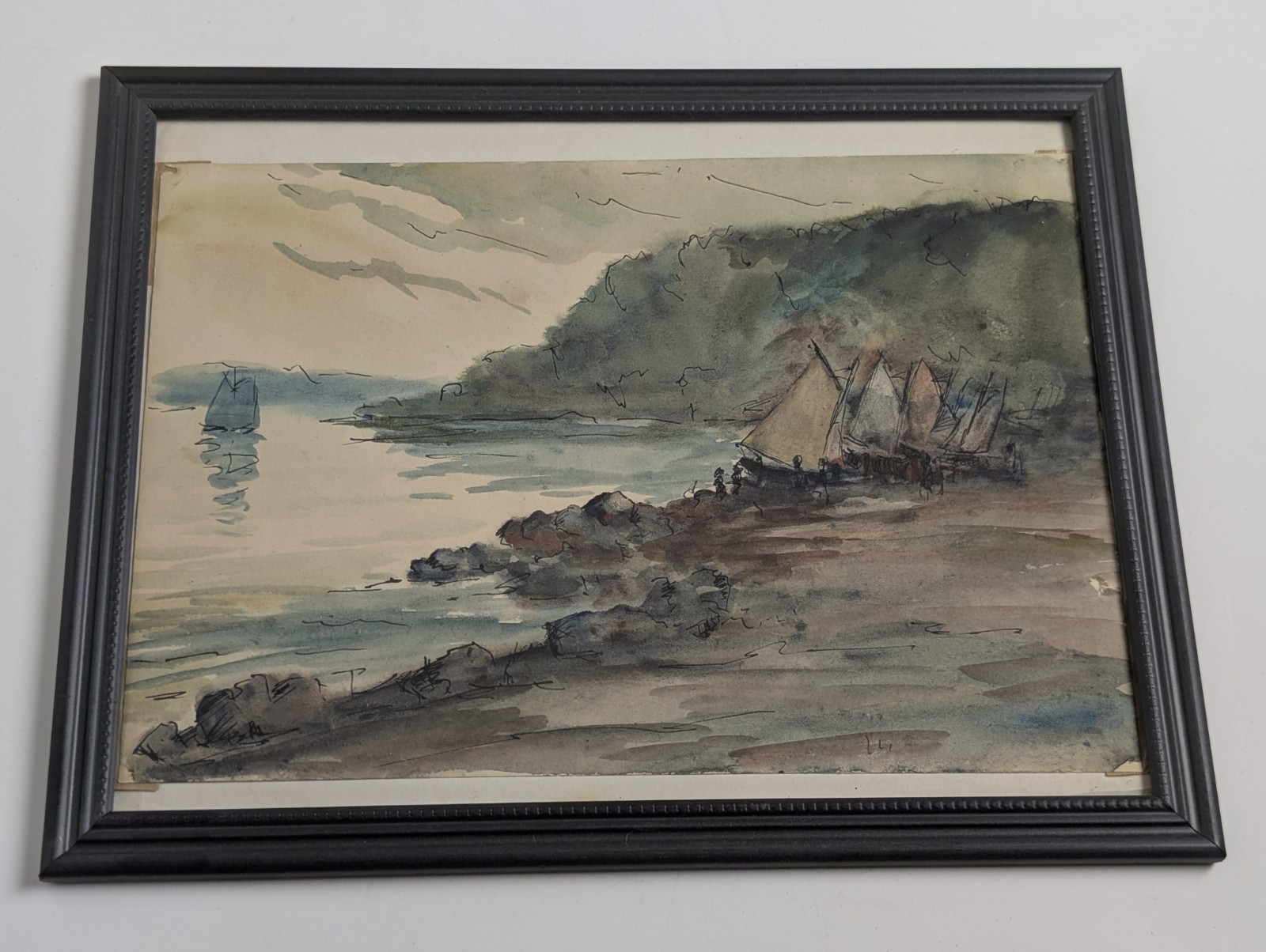 Vintage Watercolor Ink Maritime Seascape Painting Sailboats Coastal Beach Framed