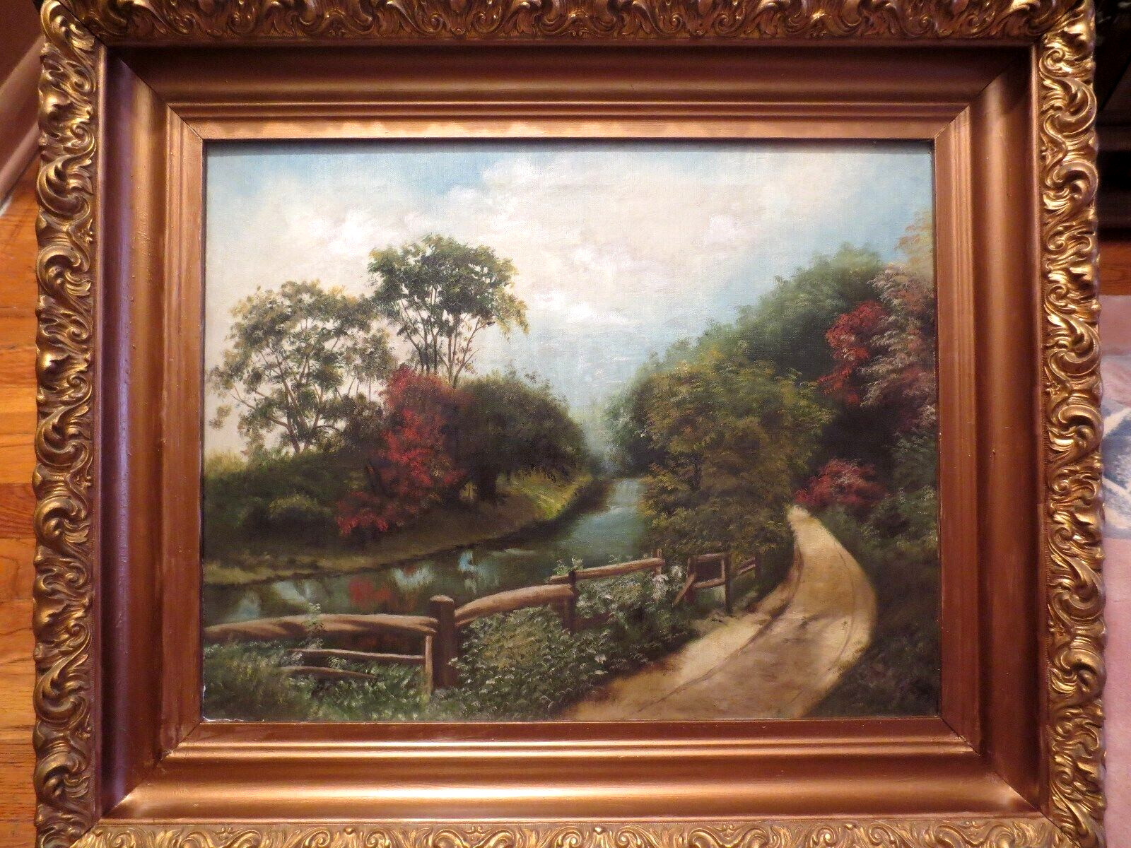 Antique ORIGINAL Naive Impressionist River Landscape Oil on Canvas Painting #21.