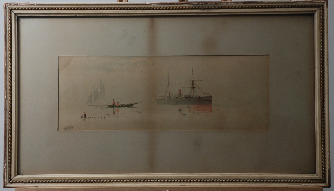 Italian School c.1890 Framed Seascape Chromolithograph Signed Vattero, Ships