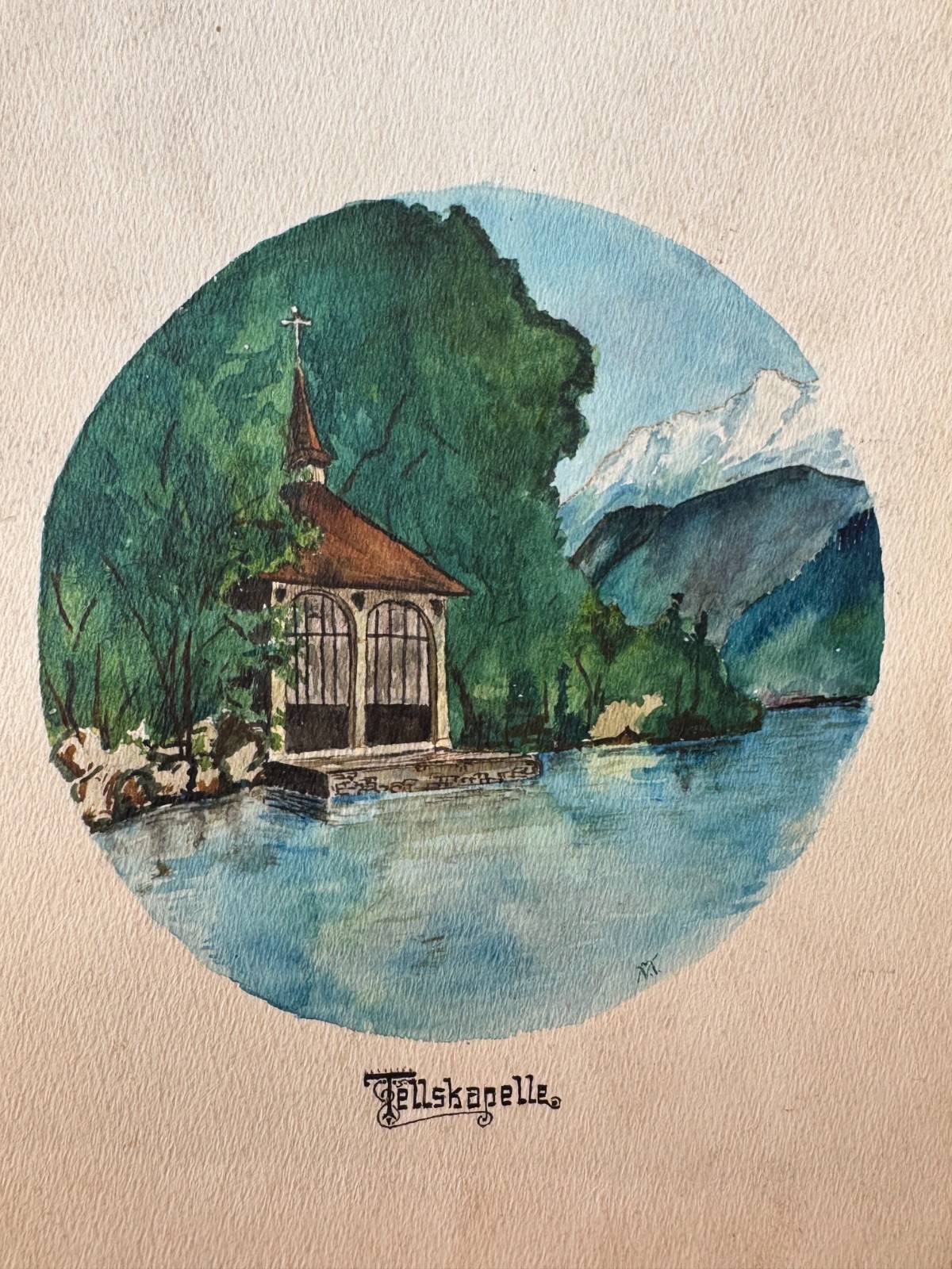 Antique 19th Cent Swiss Landscape Watercolor Painting Tellskapelle OOAK 6.5×9.5