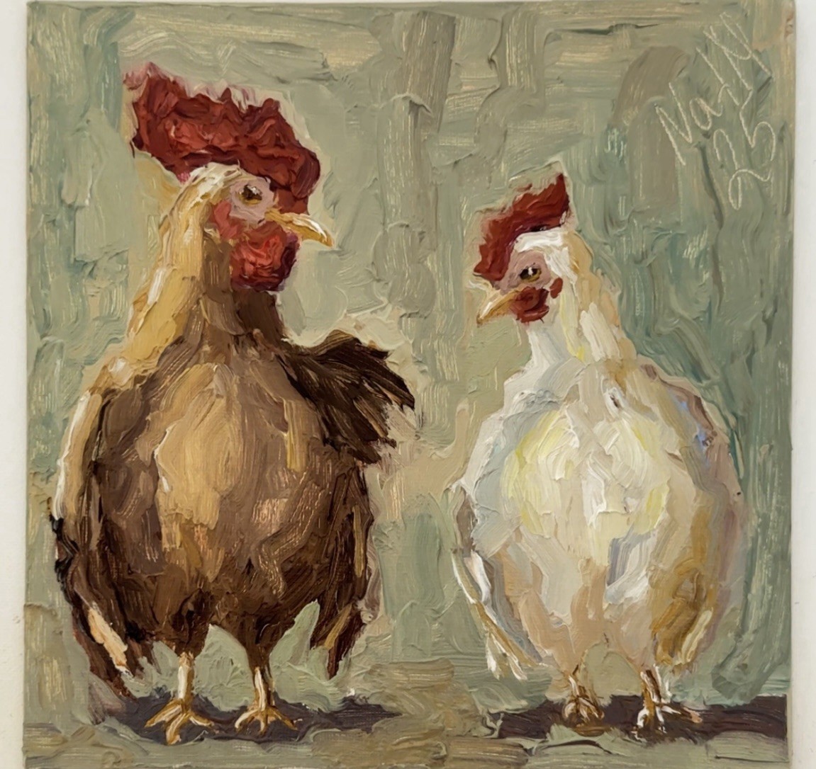 Chickens Rooster Hen Oil Original Impressionist Painting Kitchen Wall Decor