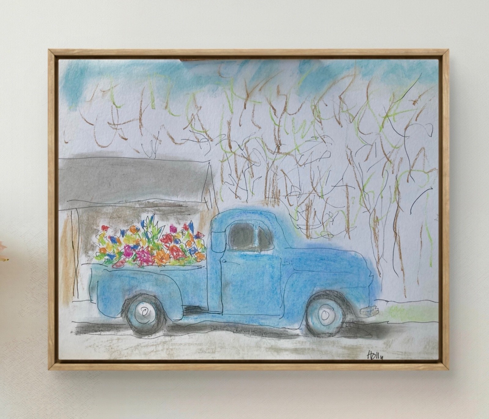 Original Mixed Media Retro Wall Art 11×14 Flowers Pickup Truck, Holly Hammond